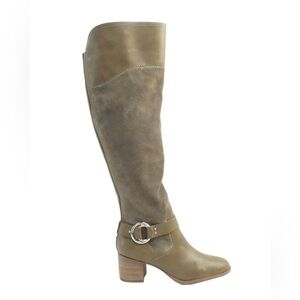 Marc Fisher Knee-High Leather and Suede Boots, Taupe, Size 8 Wide Calf